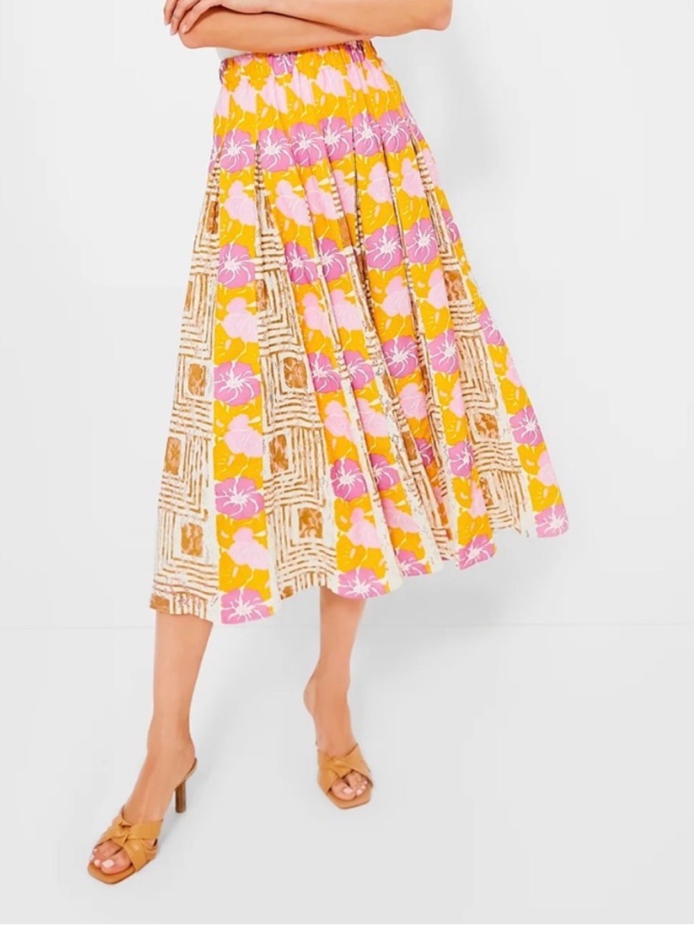 Tuckernuck Marlow Floral Block-Print Pleated Midi Skirt - Pink & Yellow small